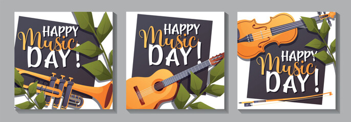 Three vector illustrations with close-up musical instruments and Happy Music Day text. Perfect for posts, banners, or digital cards.