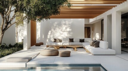 Modern outdoor patio with pool, sunlit lounge furniture