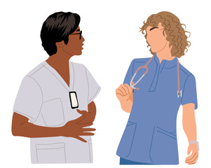 Two medical workers in scrubs uniform, female and male doctor talking, discussing patient treatment. Colorful flat vector illustration isolated on transparent background