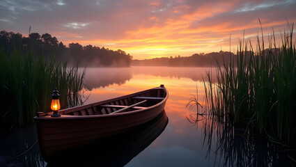 Obraz premium Canoe on Misty Lake at Sunset