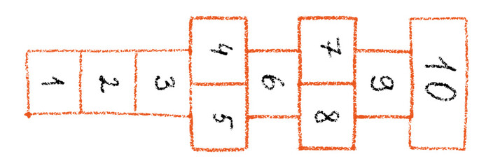 Cartoon hopscotch game with chalk squares, active child playing outside on schoolyard or playground, fun outdoor activity for kids. Flat vector illustration isolated on white background.