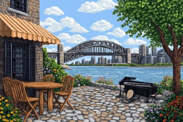 A pixel-art version of the Montreal Jazz Festival, with tiny animated musicians and a lively, pixelated cityscape