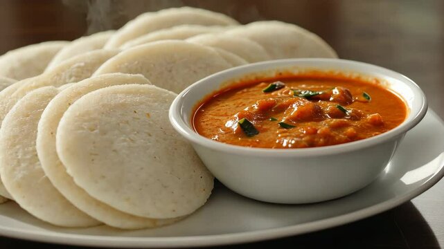 South Indian breakfast with soft idli served with spicy sambar in a vibrant setting