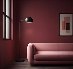 Complete pink-toned minimalist living room design with furniture and decor setup.