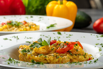 risotto, jedzenie, posiłek, ryz, dania, obiad, płyta, gotowanie, smażone, wieprzowina
