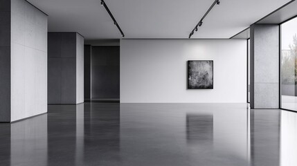 Fototapeta premium Minimalist gallery with artwork illuminated by spotlights.
