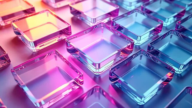 Hypnotic Neon Glow Rows of Glass Cubes Reflecting Vibrant Light