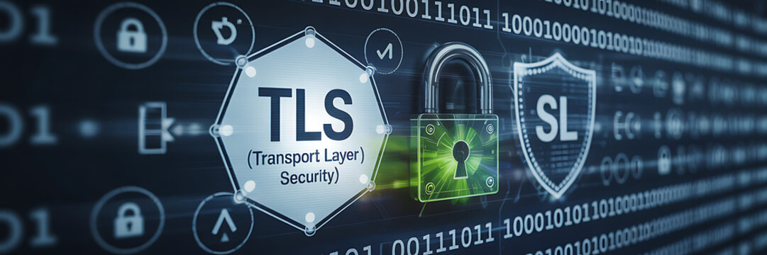 TLS concept, Transport Layer Security, 3D illustration, blurred background, internet encryption, secure communication, digital security, TLS protocol, SSL encryption, web security, data protection, 