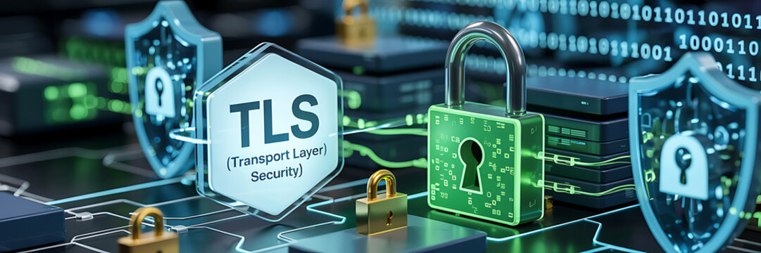 TLS concept, Transport Layer Security, 3D illustration, blurred background, internet encryption, secure communication, digital security, TLS protocol, SSL encryption, web security, data protection, 