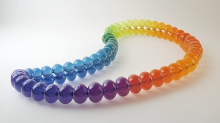 A colorful, rainbow-gradient beaded necklace elegantly curved on a white surface.