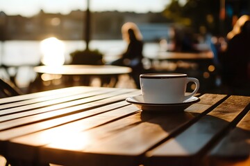 Coffee cup sits on wooden table, sunny outdoor setting, city background