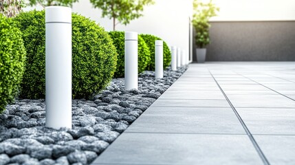 Modern paved walkway with landscaping and spotlights
