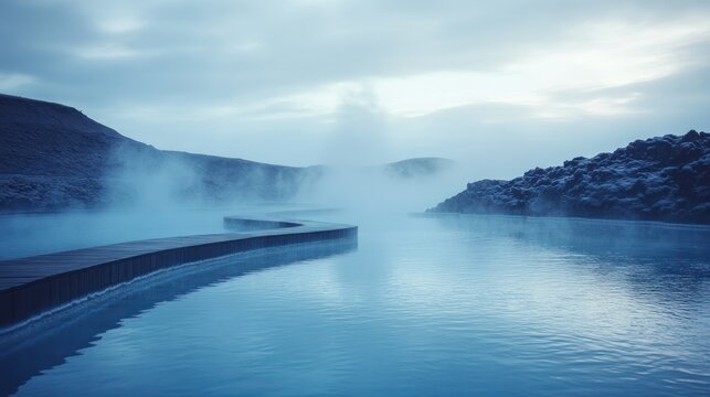 Blue Lagoon's geothermal waters and wooden path in a cool, misty landscape. - Powered by Adobe