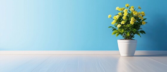 Bright yellow flowers in a stylish pot against a blue wall
