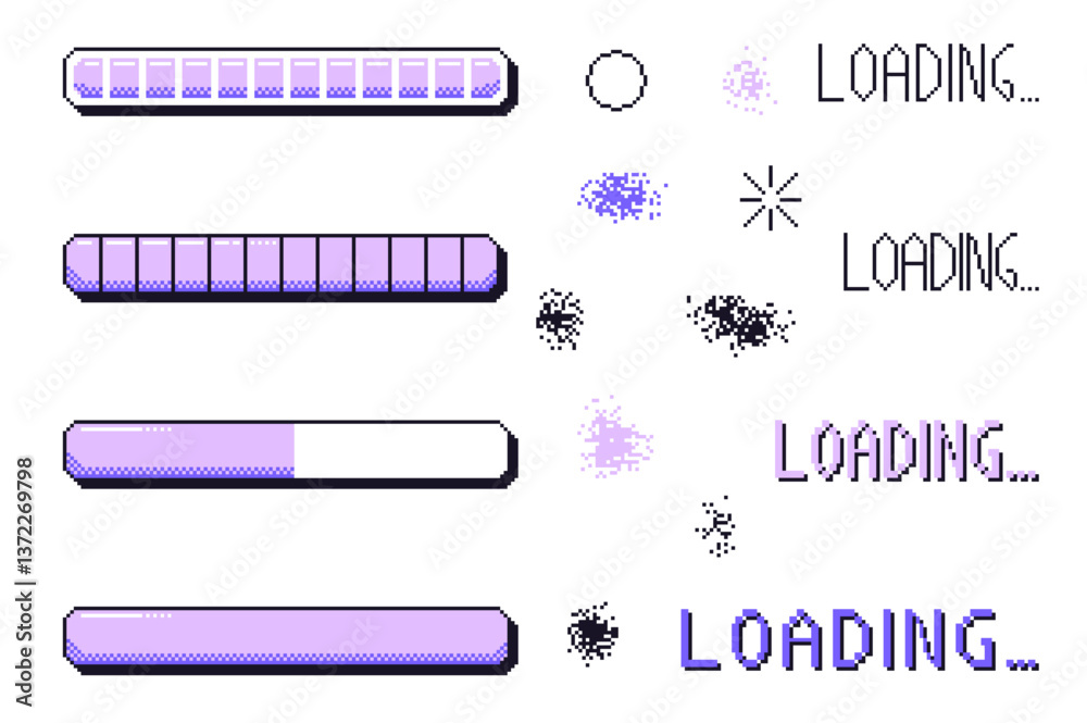 Fototapete pixel art loading bar interface. 8 bit game progress button elements set and text. waiting signs in 