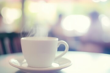 Obraz premium Steaming Coffee Cup in Soft Focus Cafe Ambience on Blurred Background.