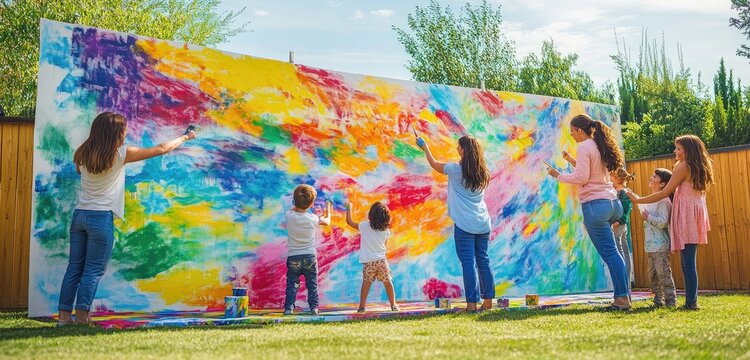 A family painting a large, colorful mural on their backyard wall, each adding their unique touch, smiling and laughing as they create this beautiful memory.