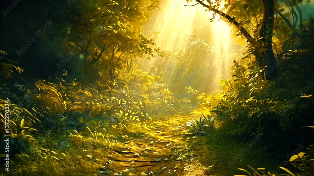 Wall mural lush forest pathway illuminated by sunlight filtering through the canopy, creating a serene and magi