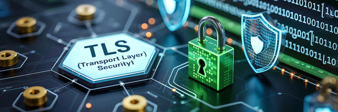 TLS concept, Transport Layer Security, 3D illustration, blurred background, internet encryption, secure communication, digital security, TLS protocol, SSL encryption, web security, data protection, 