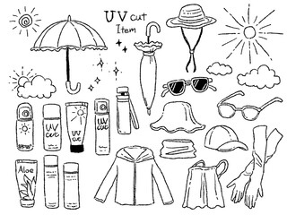 紫外線対策グッズのイラストセット(モノクロ線画)