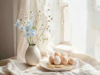 Serene Easter composition with speckled eggs, blue delphiniums, and wheat stalks on soft muslin. Natural light and rustic textures evoke spring&rsquo;s graceful calm.