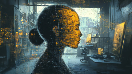 Digital art exploration portrait of a woman urban studio conceptual artwork creative environment profile view technology inspired