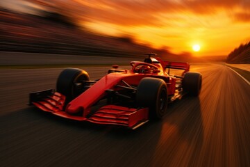 A dynamic shot of a red Formula 1 car racing at sunset, showcasing speed and adrenaline, perfect for automotive, sports, and event marketing.