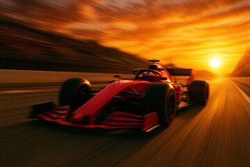 A dynamic Formula 1 racing car speeds through a sunset-lit track, showcasing the thrill of motorsport and the excitement of high-speed competition.