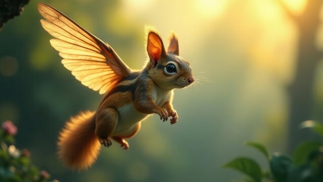 A whimsical flying squirrel with golden wings soars through a sunlit forest, a magical creature of nature's imagination