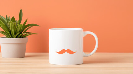 A stylish mug with an orange mustache design on a warm, inviting background.