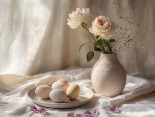 Soft and peaceful spring setup with blush roses, handmade decor, and ivory eggs. A refined scene styled in rustic light, perfect for seasonal elegance and calm.