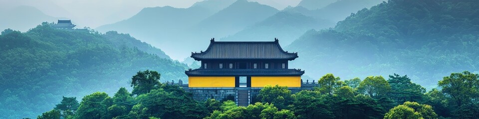 Obraz premium A serene Chinese mountain landscape with a focus on traditional architecture and natural beauty. 
