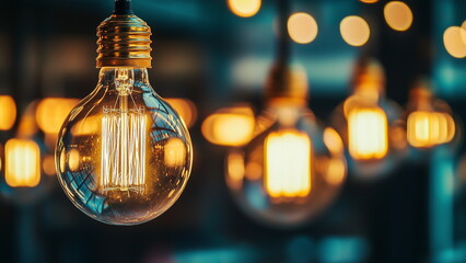 Closeup of a vintage and retro style glowing orange light bulb with tungsten filament, warm and cozy ambience