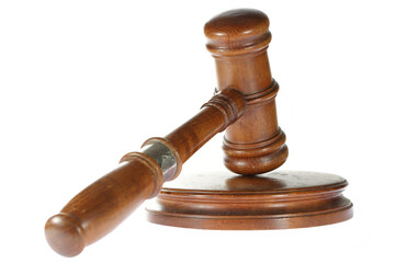 wooden gavel with sound block isolated on white background