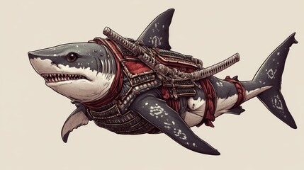 Illustrated shark with samurai armor and katana swords on its back in an imaginative portrayal