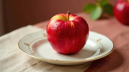 A single, glistening red apple rests delicately on a small, elegant plate, adorned with subtle gold detailing, set against a soft, neutral backdrop.