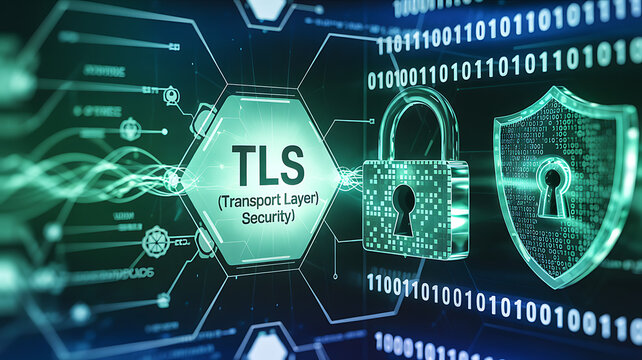 TLS concept, Transport Layer Security, 3D illustration, blurred background, internet encryption, secure communication, digital security, TLS protocol, SSL encryption, web security, data protection, 