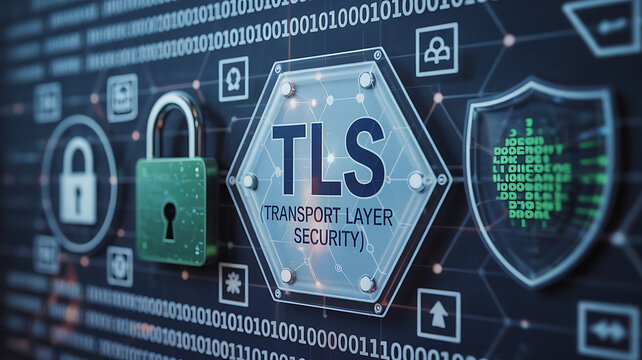 TLS concept, Transport Layer Security, 3D illustration, blurred background, internet encryption, secure communication, digital security, TLS protocol, SSL encryption, web security, data protection, 