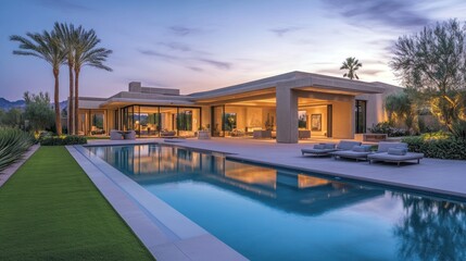 Modern Pool House at Dusk