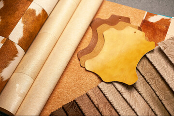 Home interior design. Wallpaper for walls, artificial leather and textiles for furniture making. Materials and accessories for home renovation and interior planning. Copy space