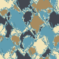 Retro seamless pattern with scanned pressed dry wild flowers. Abstract hearts with blue wild dianthus, salvia, lavender, geranium and other flowers on colorful background.