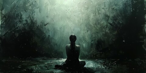 Obraz premium In the depths of despair, a silhouette stands alone in the dark