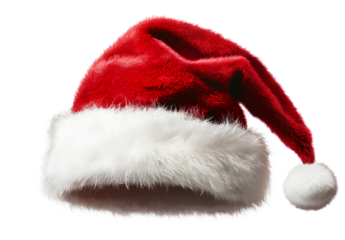 A Christmas hat in red and white, resembling a Santa Claus fur cap, isolated on a transparent background. 