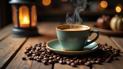 Aromatic Coffee Steam Rising from a Teal Mug on Rustic Wood, Surrounded by Roasted Beans and a Gentle Lantern Glow