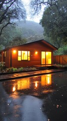 Fototapeta premium Cabin glows in the rain, warm light reflecting off wet pavement. Lush trees surround structure
