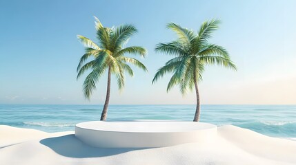 A podium set on a sandy beach with palm trees swaying in the breeze