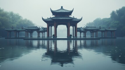 Fototapeta premium Close-up view, Jiangnan garden courtyard style, featuring pavilions and water pavilions
