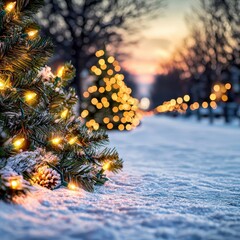 Snowy Winter Landscape with Christmas Lights and Decorative Pine Trees at Dusk