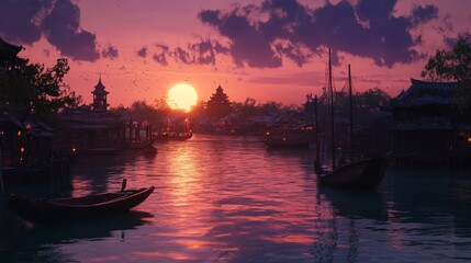 Naklejka premium Jiangnan Water Town - Jiangnan Water Town, Sunset and Sunset Scenery