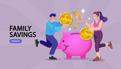 Couple putting gold coin into piggy bank representing family savings and financial planning. A concept of joint investment, future retirement security, and wealth management.